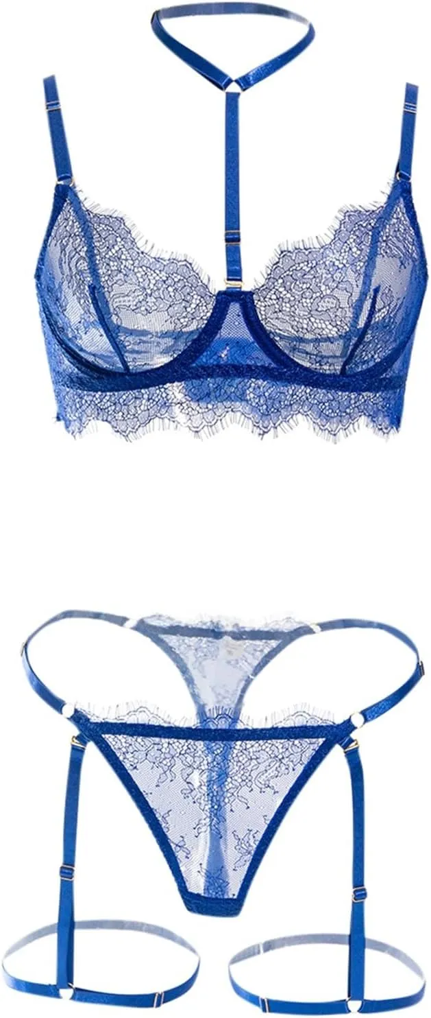 Sexy Lingerie Women Sheer See Through 3 Piece G String Set Comfortable Stretchy Lace Loungewear Bra & Underwear