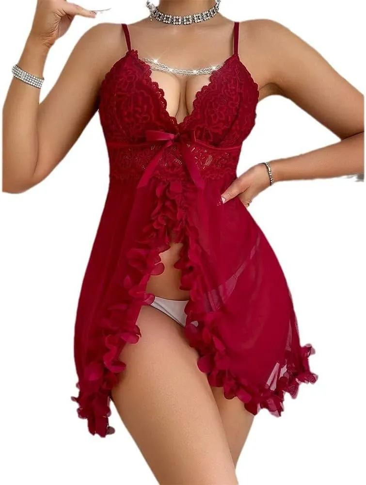 Sexy Red Lace Lingerie SetFloral Lace Detail,Ruffled Design,Seductive Women's Lingerie,Suit for Valentine's Day