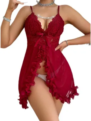 Sexy Red Lace Lingerie SetFloral Lace Detail,Ruffled Design,Seductive Women's Lingerie,Suit for Valentine's Day