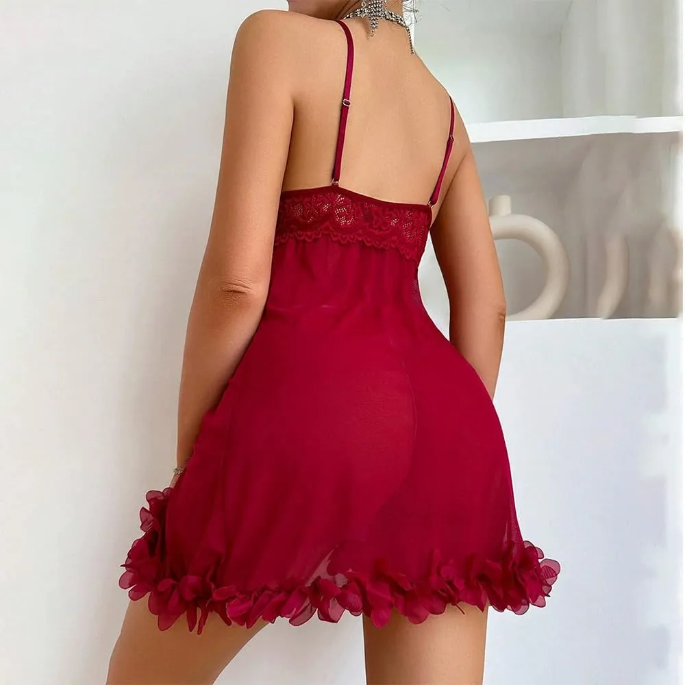 Sexy Red Lace Lingerie SetFloral Lace Detail,Ruffled Design,Seductive Women's Lingerie,Suit for Valentine's Day