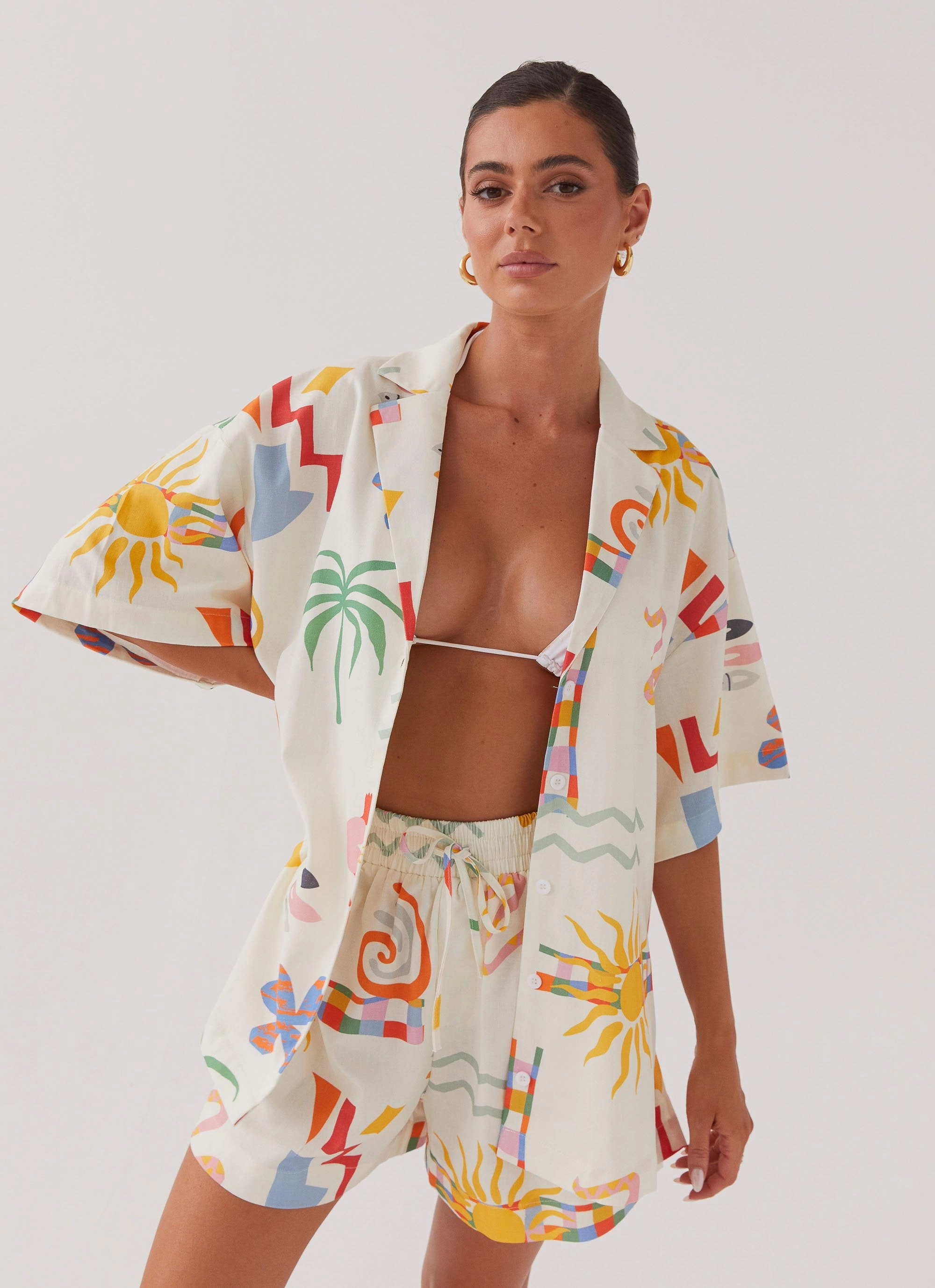 Adjustable Hem Cords Rubberized Trims Tallulah Linen Oversized Shirt - Summer Palm
