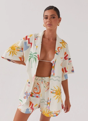 Adjustable Hem Cords Rubberized Trims Tallulah Linen Oversized Shirt - Summer Palm