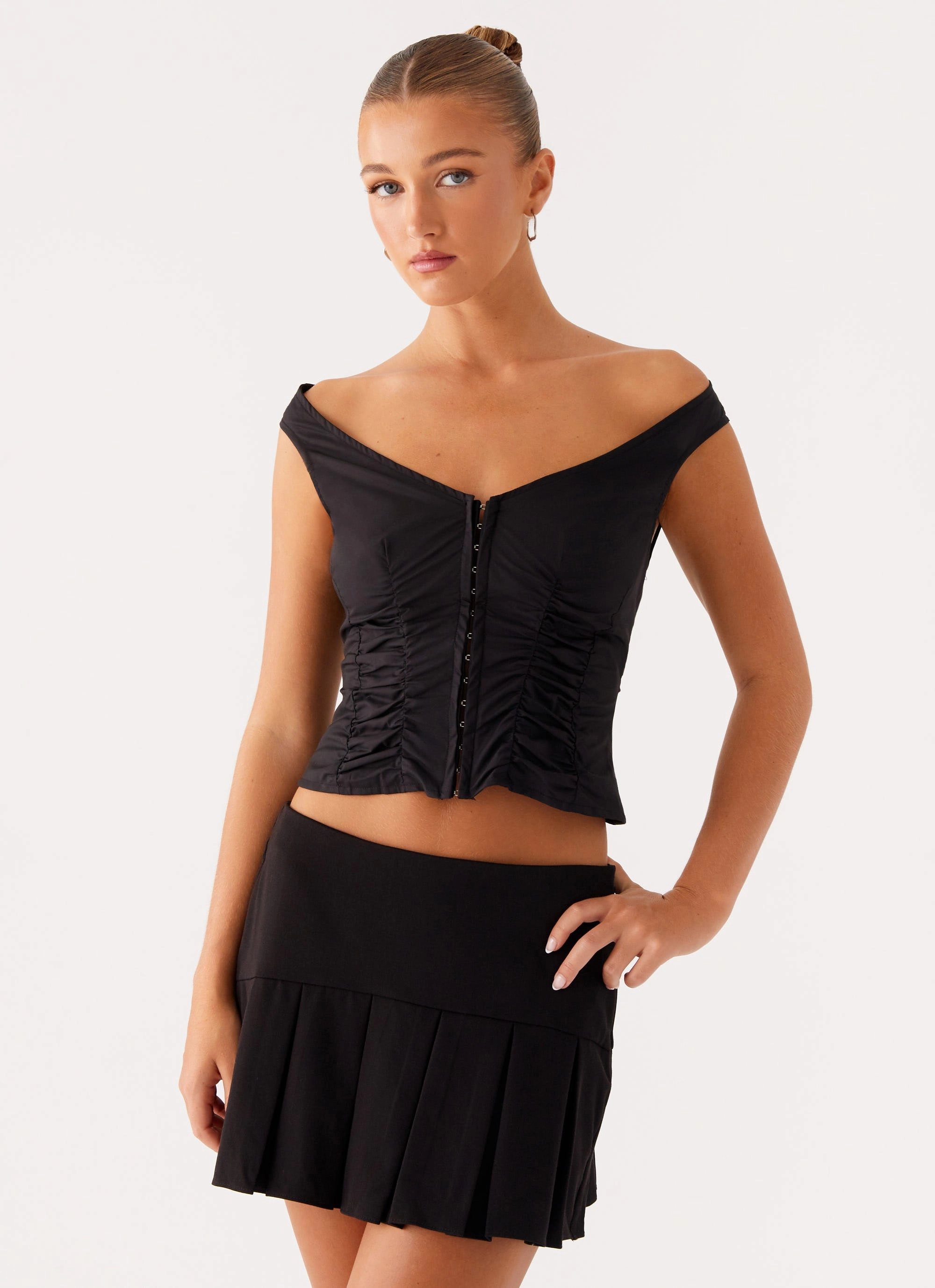 Shelby Pleated Mini Skirt - Black Lightweight Feel