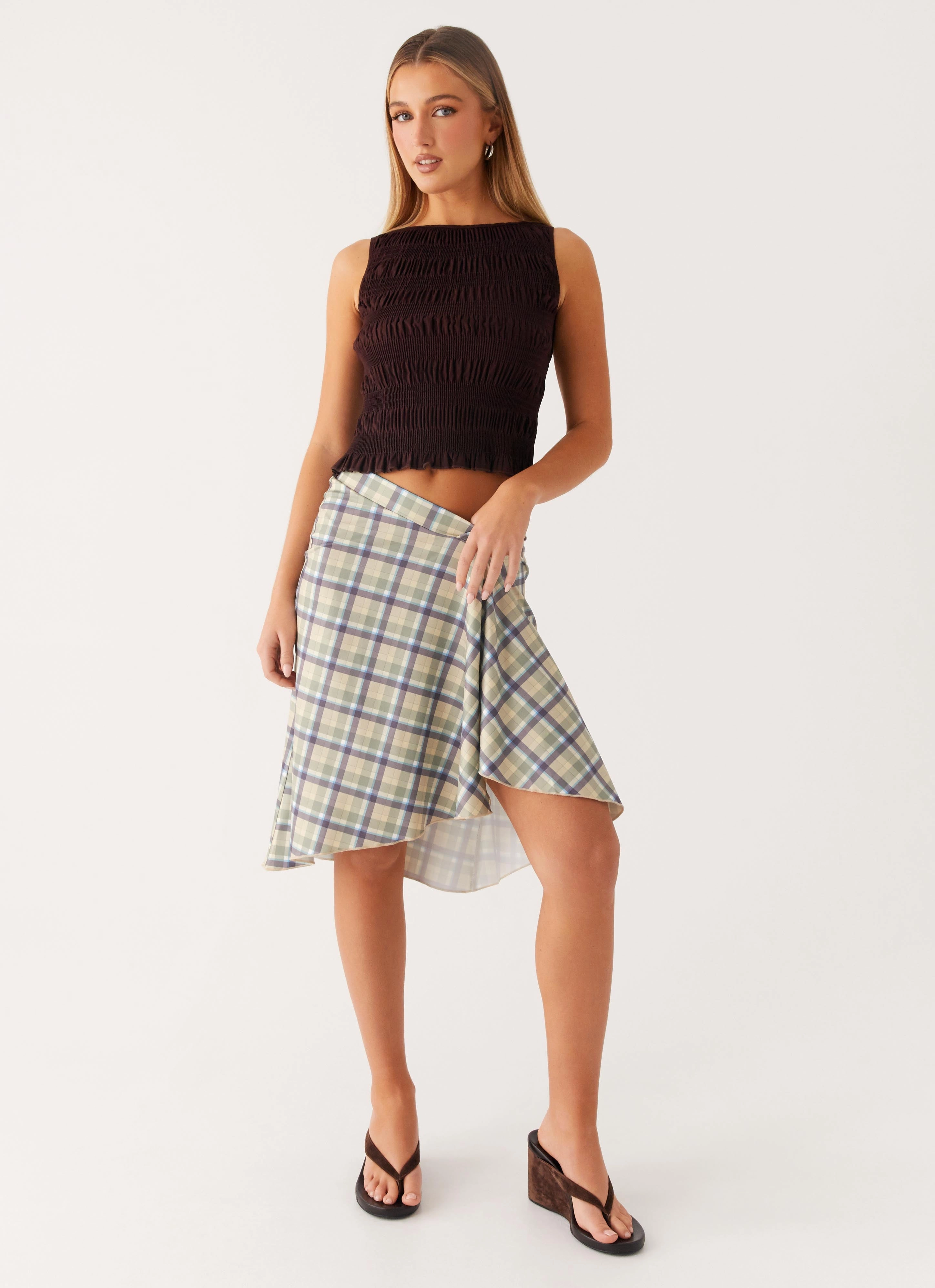 Shes A Lady Midi Skirt - Cedar Check Fit Flex Rubberized Hem