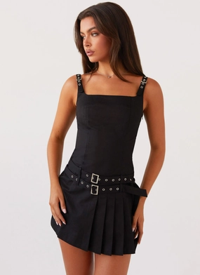 Lynette Buckle Mini Dress - Black Soft Layering Refined Aesthetic