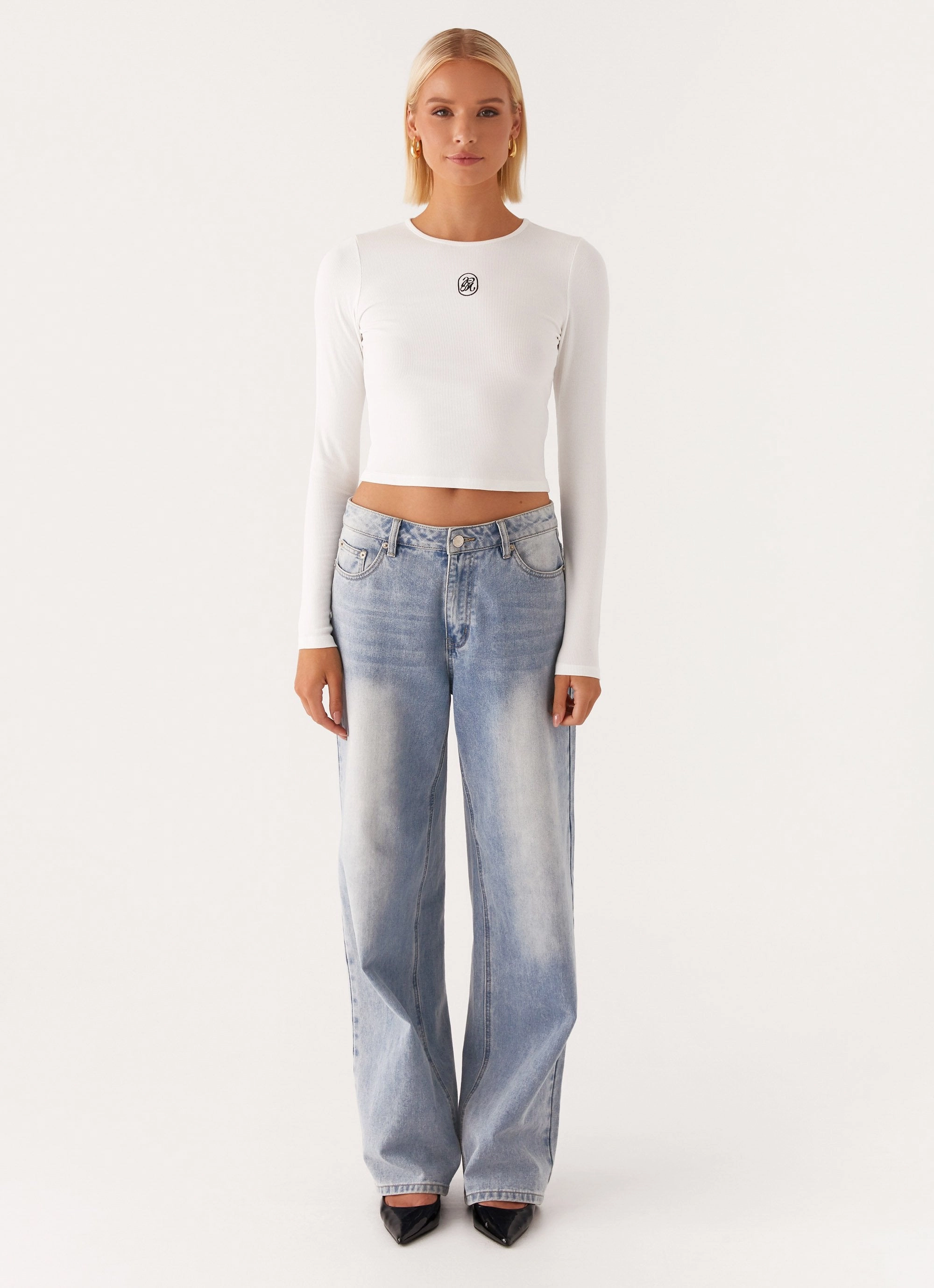 Stretch waistband Signature Monogram Long Sleeve Tee - Off White