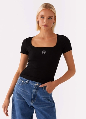Non Chafing Edges Signature Monogram Square Neck Top - Black