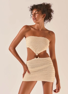 Balmy Nights Crochet Mini Dress - Seashell Office Fit Boat-Neck