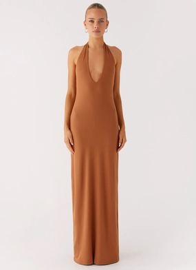 Flattering Waist Design Fit Plunge For You Maxi Dress - Tan