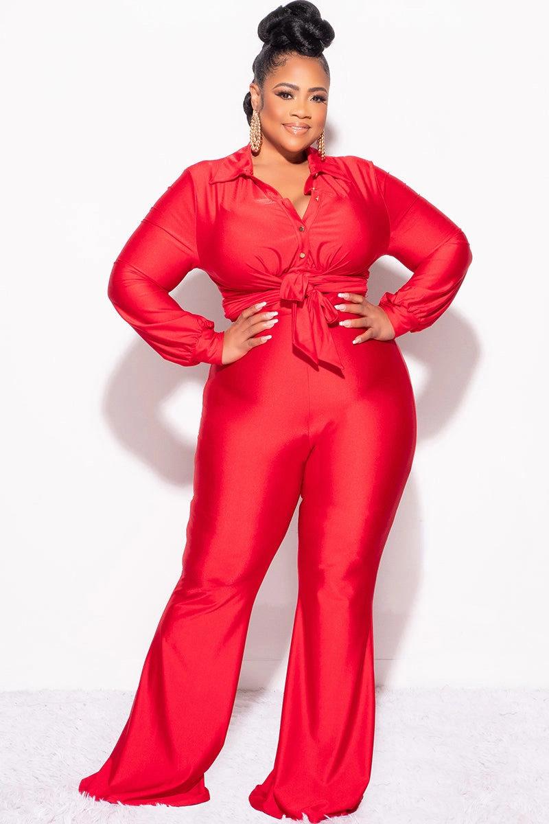 Sleek Appearance Final Sale Plus Size Shiny 2pc Collar Button Up Crop Tie Top and Bell Bottom Pants Set in Red