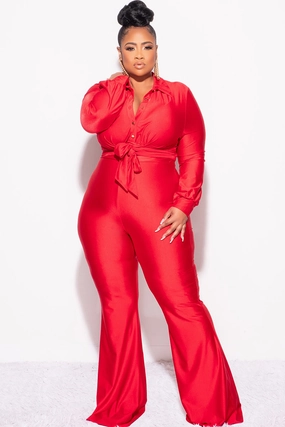 Low Profile Fasteners Smooth Fit Lining Final Sale Plus Size Shiny 2pc Collar Button Up Crop Tie Top and Bell Bottom Pants Set in Red