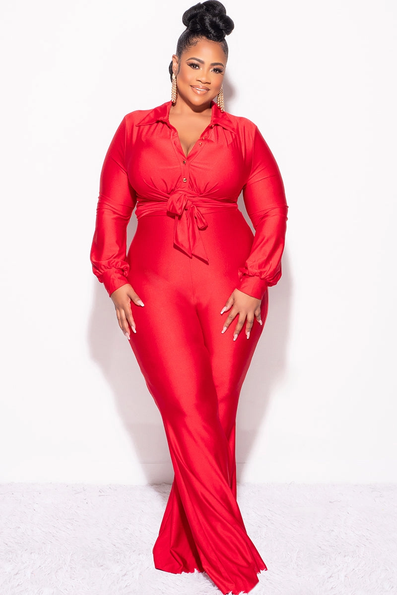 Final Sale Plus Size Shiny 2pc Collar Button Up Crop Tie Top and Bell Bottom Pants Set in Red Chilly Weather Sporty Look