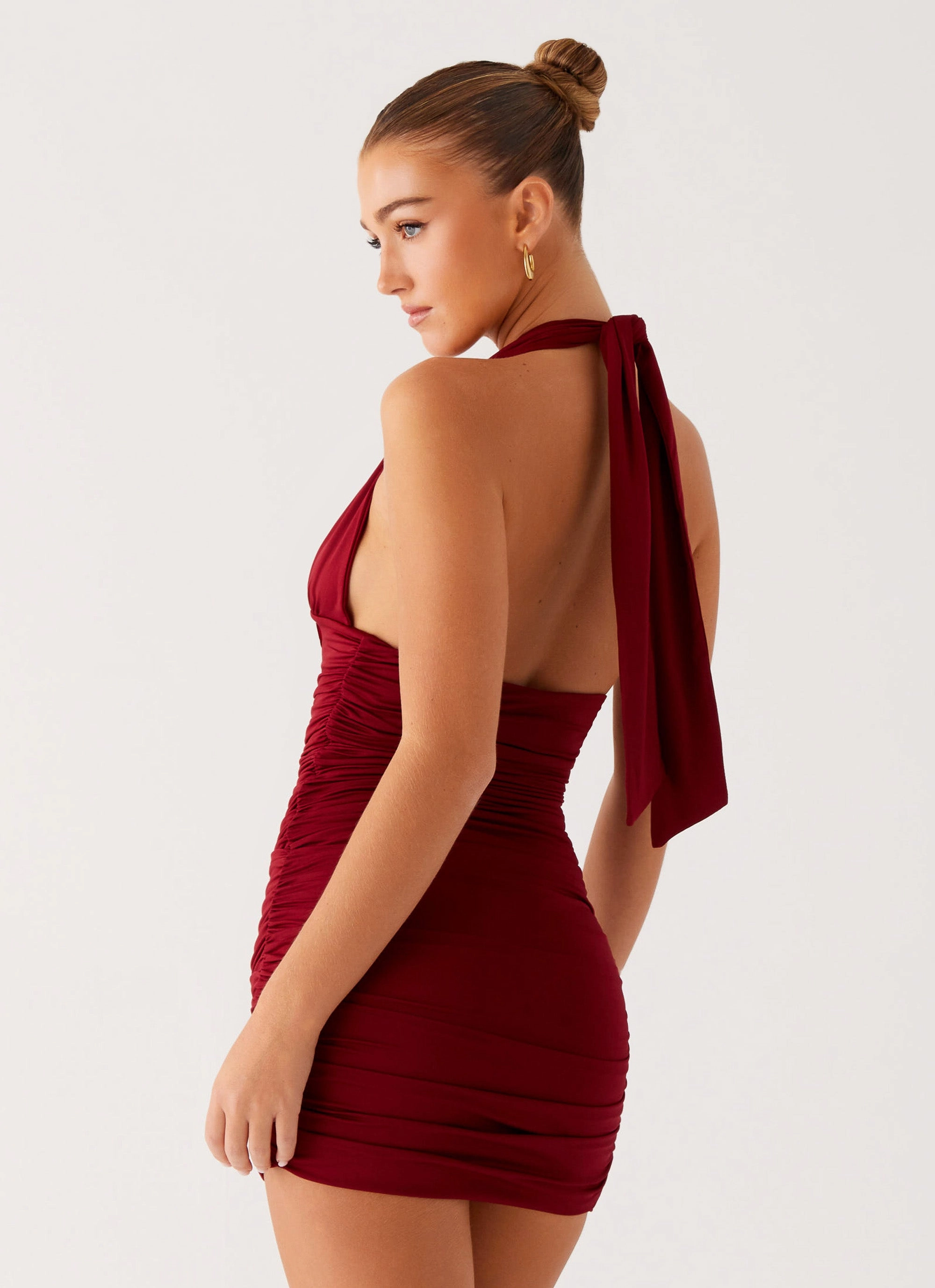 Abelia Halter Mini Dress - Maroon Relax Draping Flowy summer gown