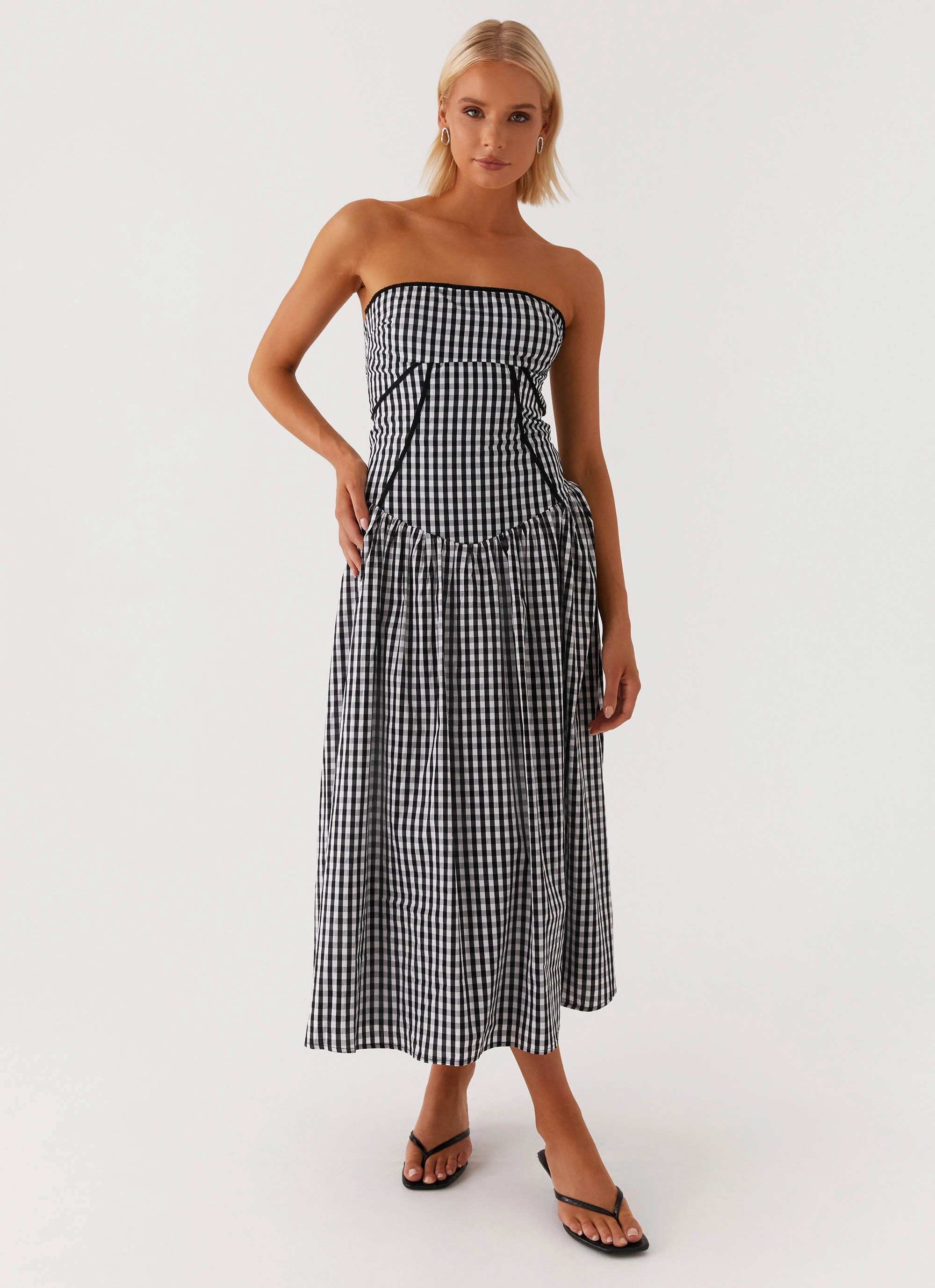 Printed-Lining DeepPocketStyle Larnie Midi Dress - Black Gingam