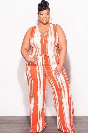 Final Sale Plus Size 2pc Sleeveless Blazer Vest and Pants Set in Orange and White Practical Fit