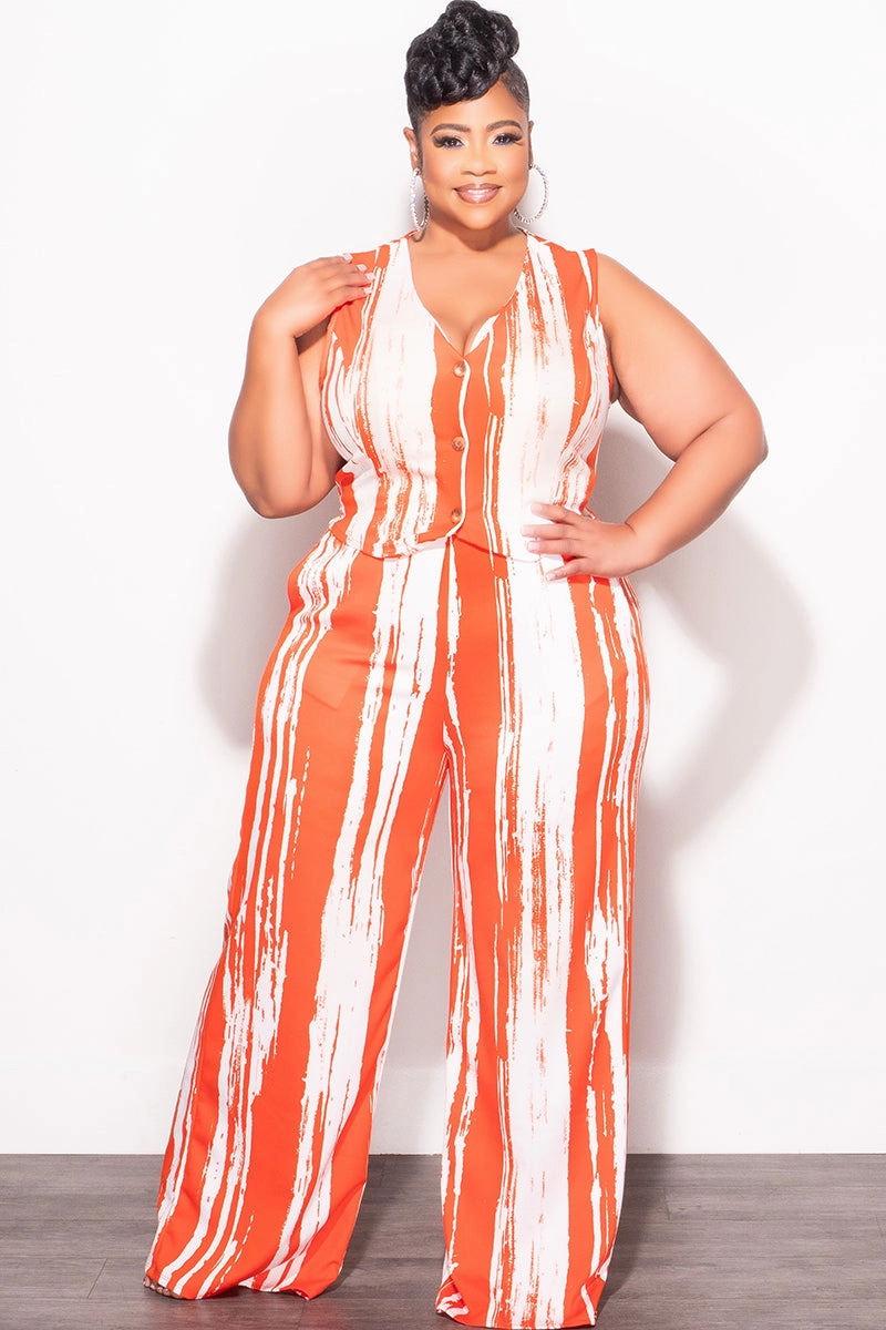 Comfort Waist Urban Flex Final Sale Plus Size 2pc Sleeveless Blazer Vest and Pants Set in Orange and White