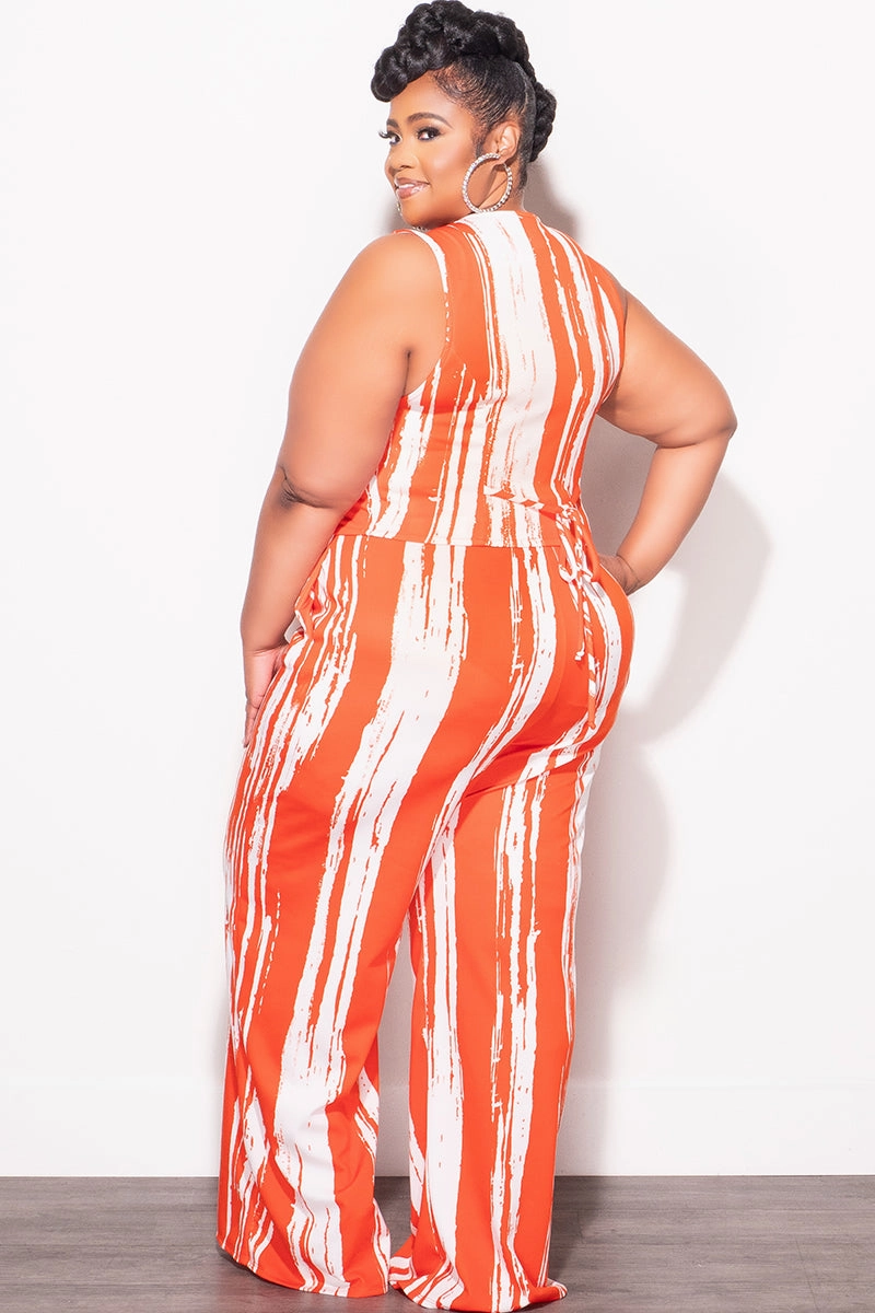 Elastic Free Cuffs Active Motion Final Sale Plus Size 2pc Sleeveless Blazer Vest and Pants Set in Orange and White
