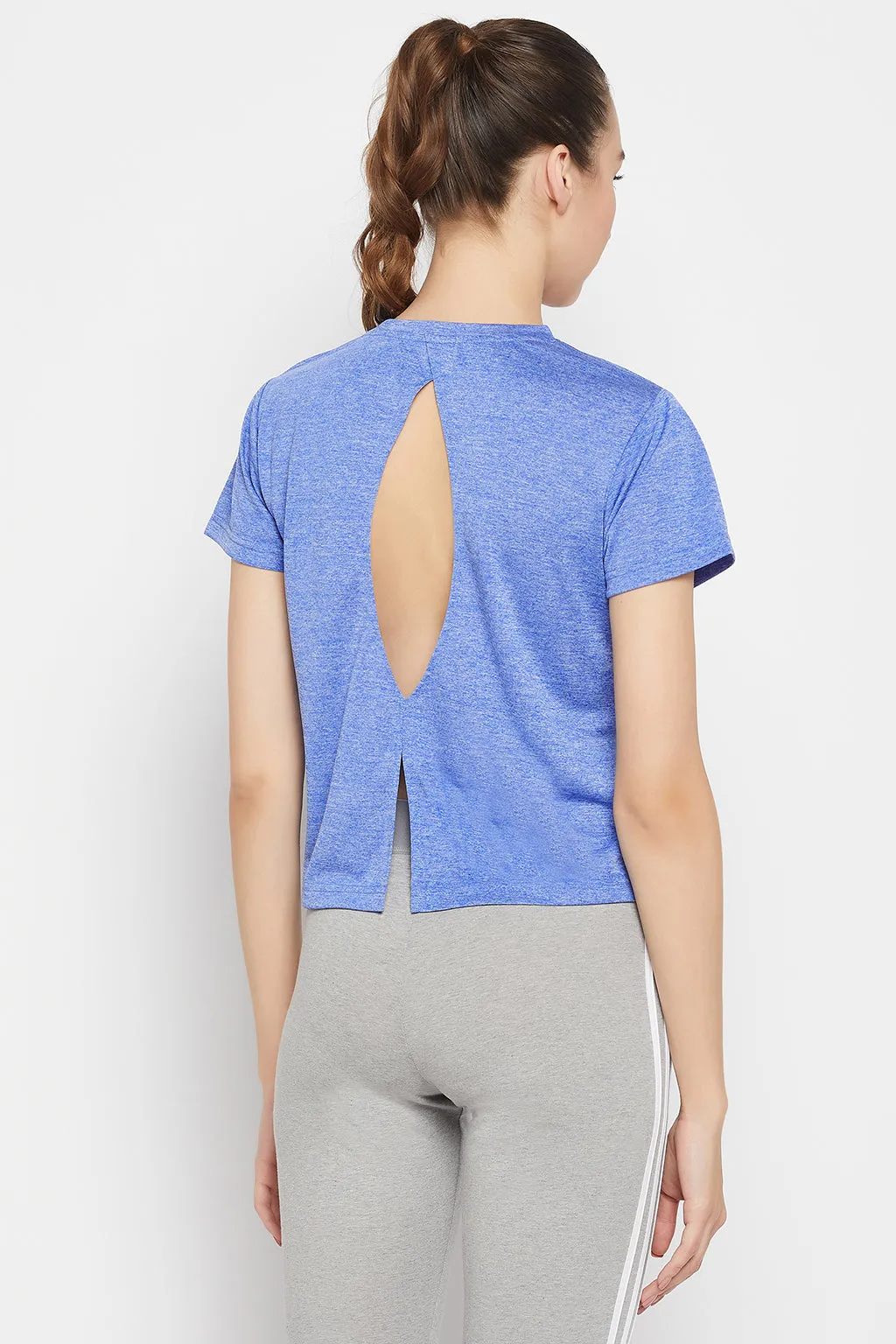 Sky Blue Melange Polyester Comfort Fit Cropped T-shirt