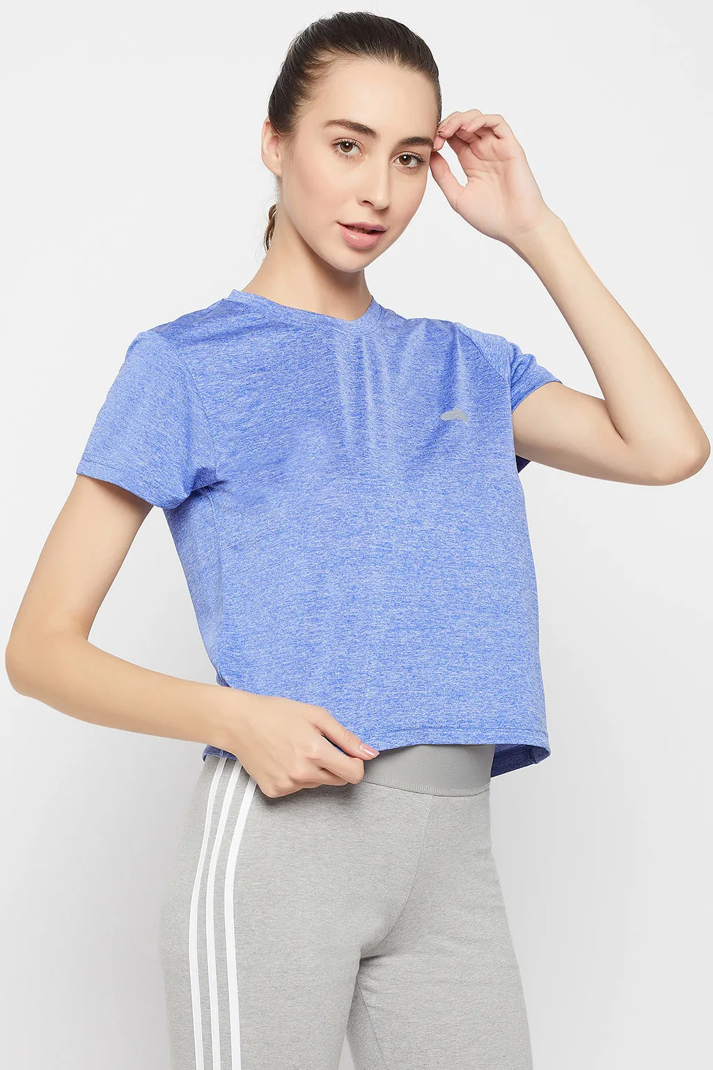 Sky Blue Melange Polyester Comfort Fit Cropped T-shirt