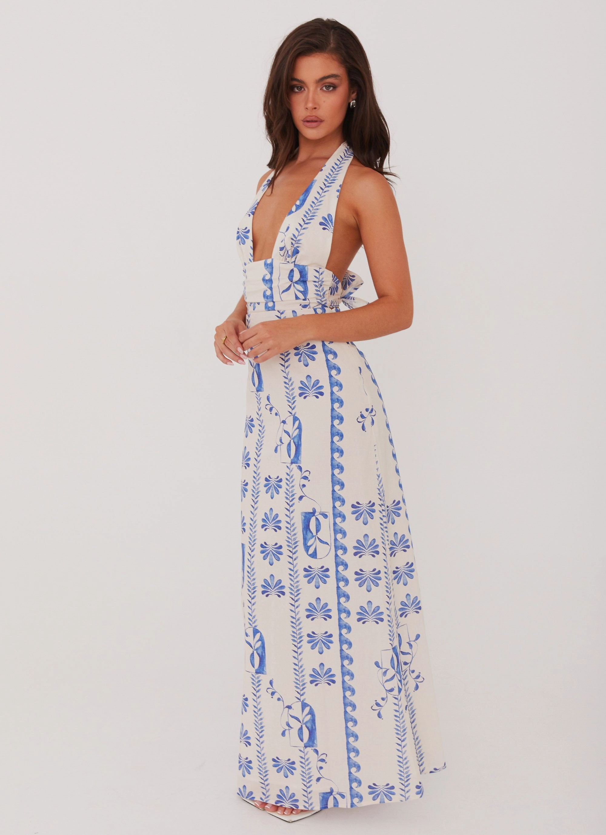 Sky Linen Maxi Dress - Floral Wave Gloss Finish