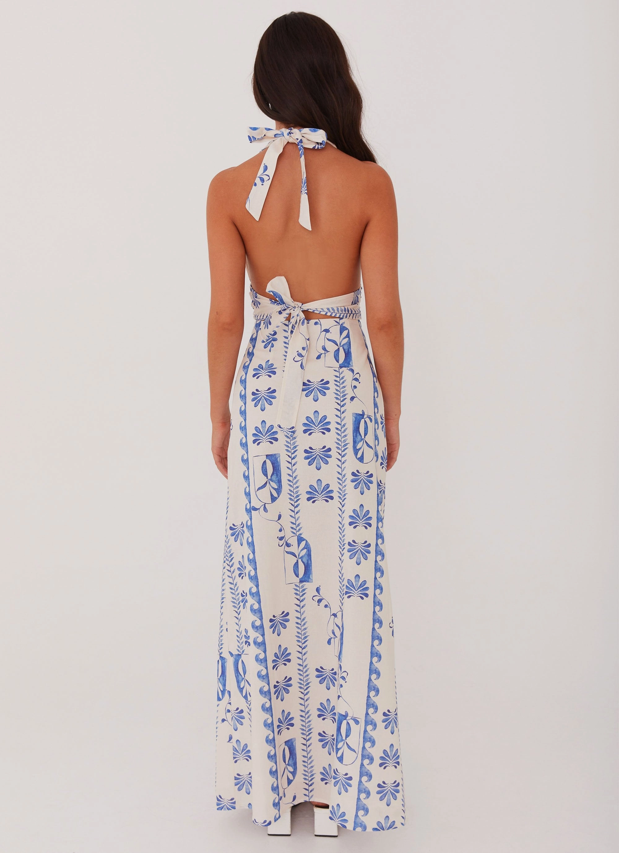 Easy-Storage Sky Linen Maxi Dress - Floral Wave