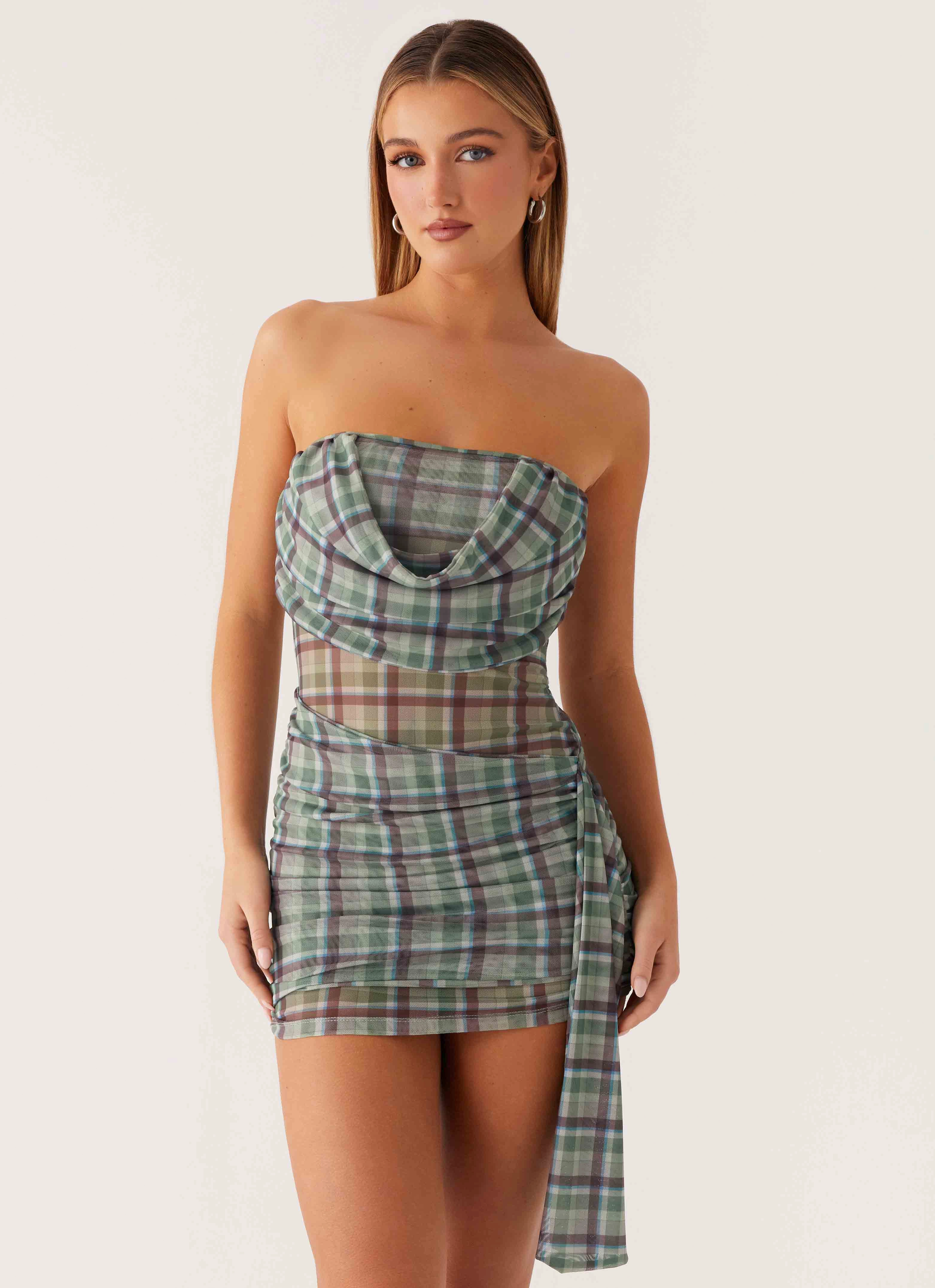 Seren Mini Dress - Cedar Check Crystal-Detail Stylish Feel