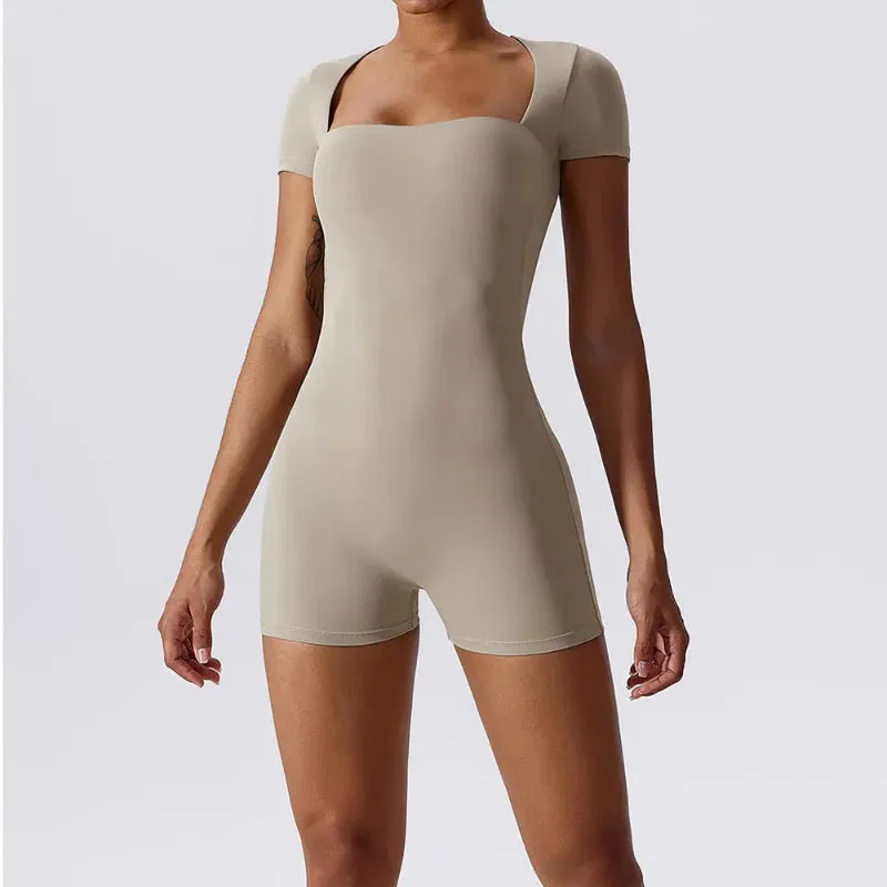 Sleek Form-fitting Short Sleeve One Piece Fitness Sportswear for Women