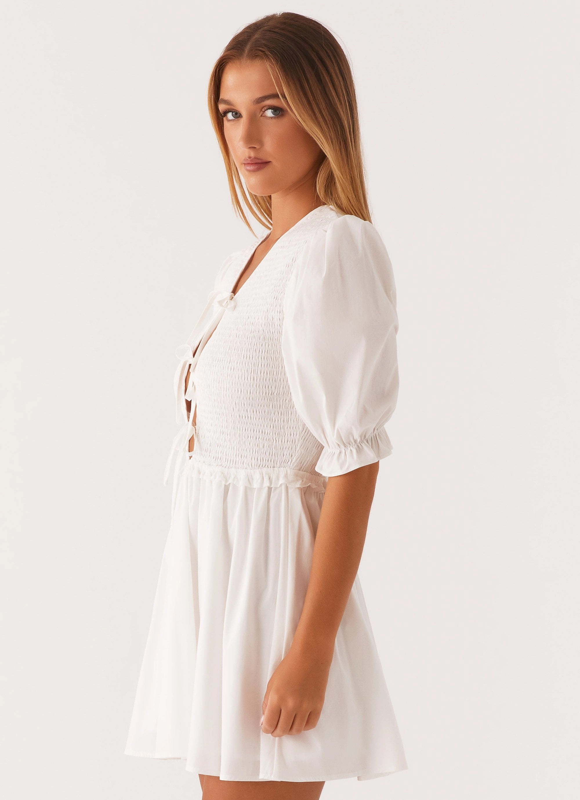 Milana Shirred Puff Sleeve Mini Dress - White Urban Favorite