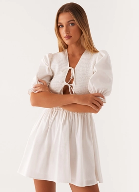 Soft Fabric Fresh Appeal Milana Shirred Puff Sleeve Mini Dress - White