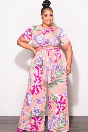Lined interior Final Sale Plus Size 2pc Short Sleeve Tie Top and Pants Set in Coral & Lavender Multi Color Print
