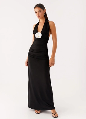 Adalie Halter Neck Midi Dress - Black Quiet Sweet Bow-Detail