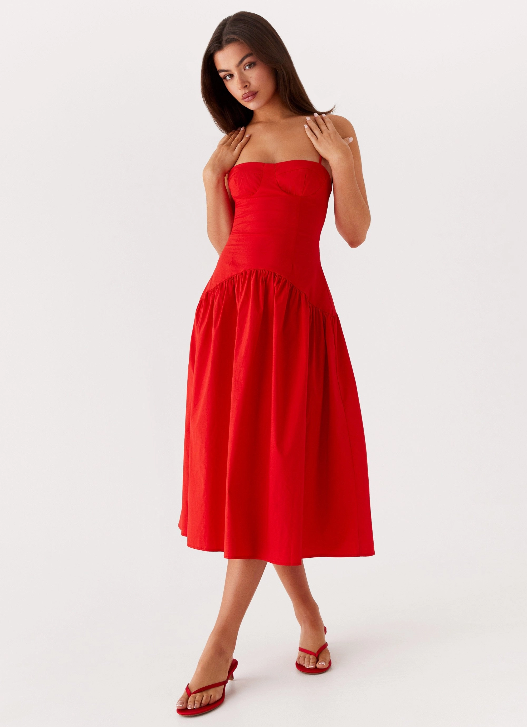 Sharp Detail Chic Tailoring Waist Yvette Corset Midi Dress - Red