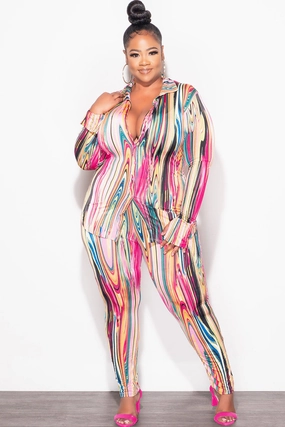 Final Sale Plus Size 2-Piece Button Up Collar Top and Pants Set in Multi Color Print Laser Cut Edges