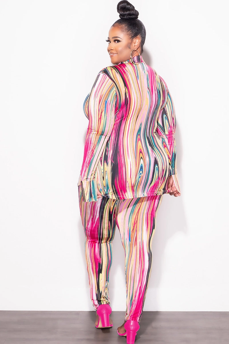 SnagFreeFabric Final Sale Plus Size 2-Piece Button Up Collar Top and Pants Set in Multi Color Print