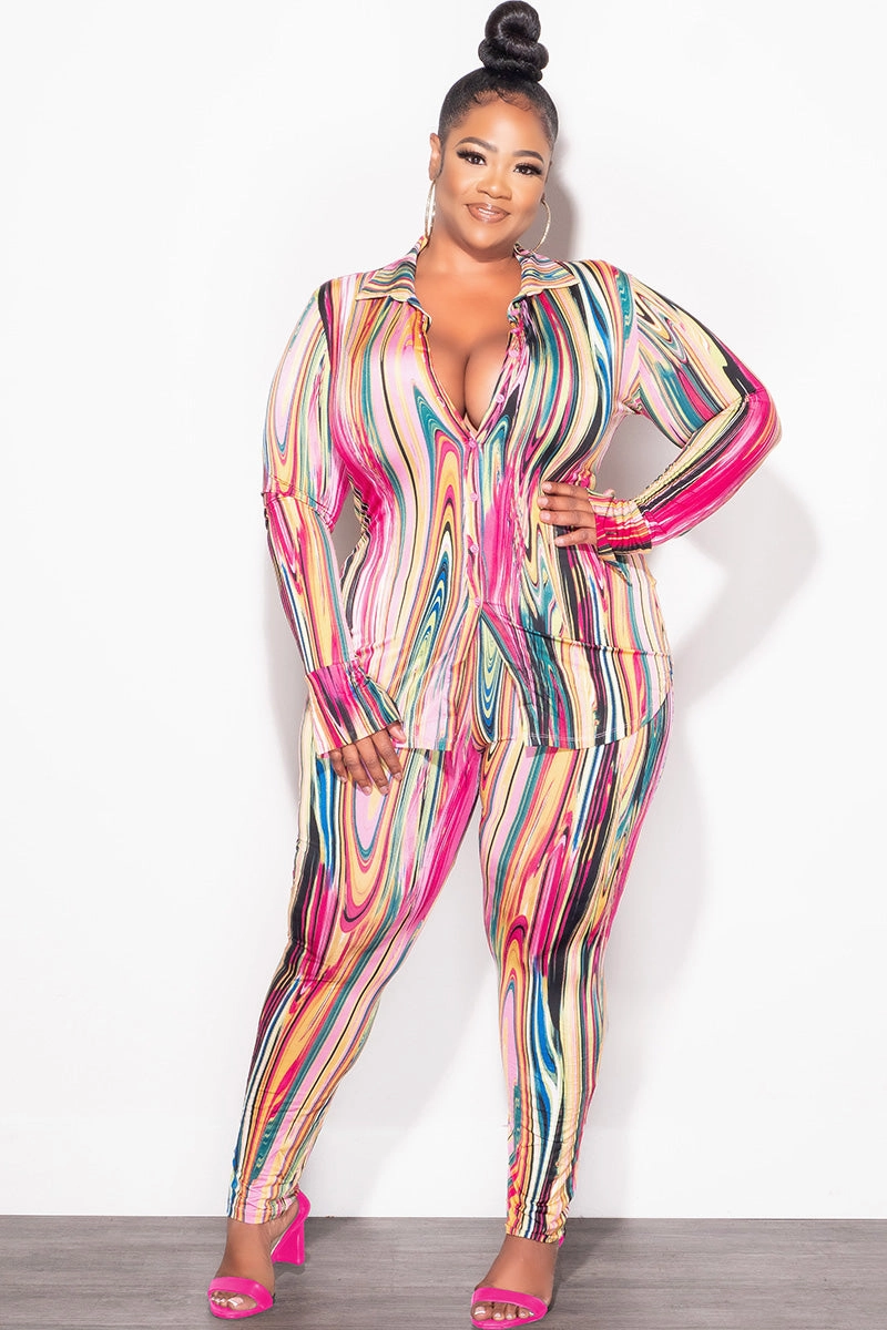 Organic Cotton Abrasion resistant Final Sale Plus Size 2-Piece Button Up Collar Top and Pants Set in Multi Color Print