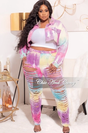 AntiPilling Layer-Friendly Final Sale Plus Size 2pc Set Distressed Denim Jacket & Pants in Pastel Tie Dye