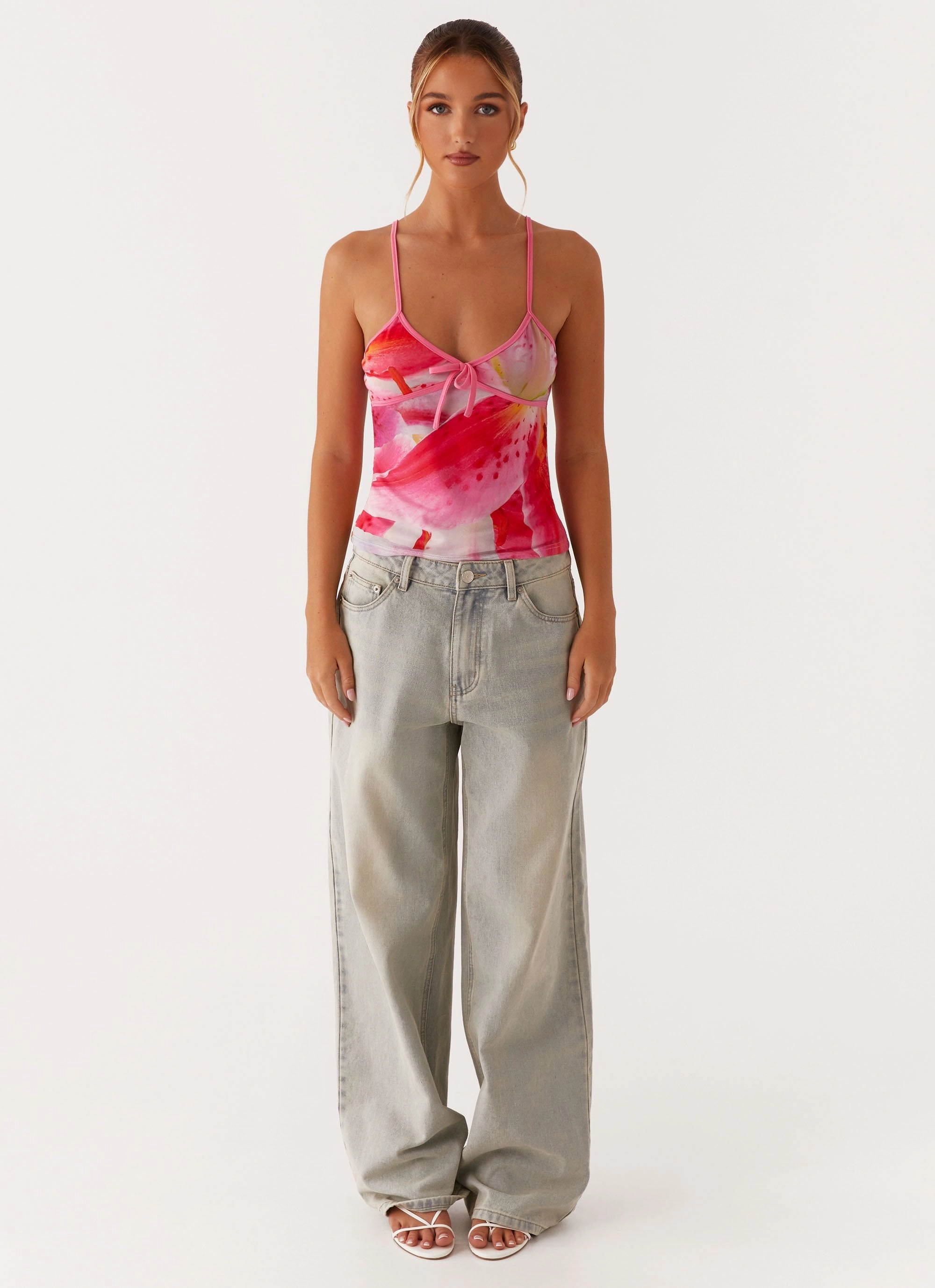Claudie Mesh Top - White Pink Lilly Adaptive Waistband FlatlockStitching