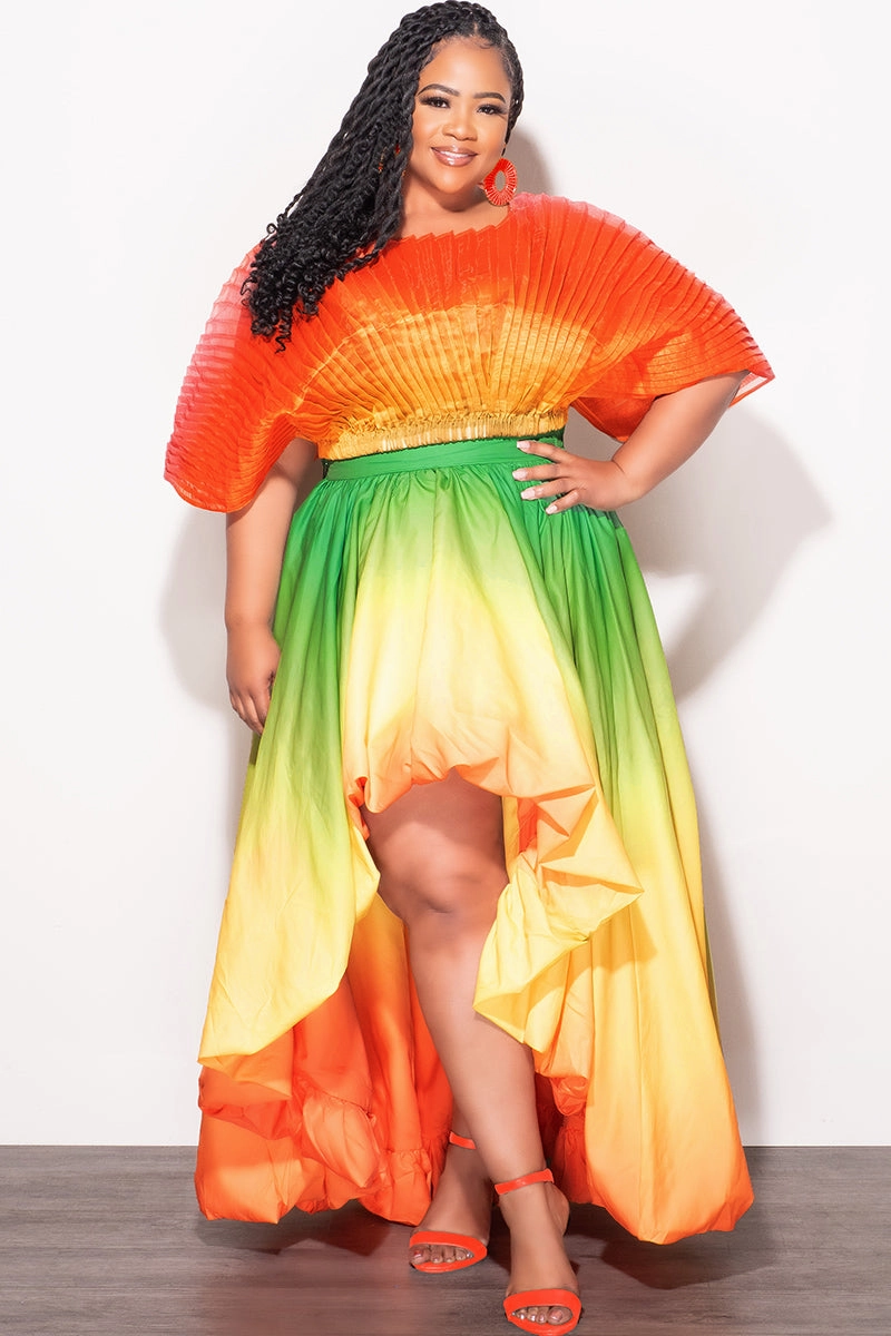 Final Size 2pc Pleated Off the Shoulder Top and Highlow Skirt Set in In Yellow Green and Orange Movement Comfort