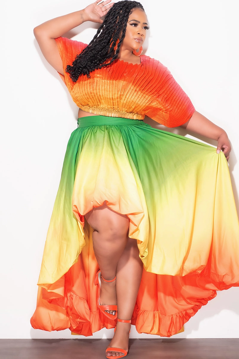 Tapered ankle Final Size 2pc Pleated Off the Shoulder Top and Highlow Skirt Set in In Yellow Green and Orange