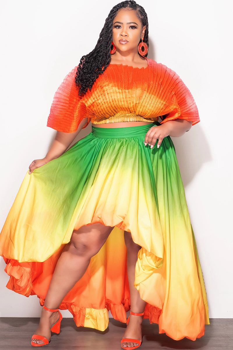 Final Size 2pc Pleated Off the Shoulder Top and Highlow Skirt Set in In Yellow Green and Orange MultiPocketDesign