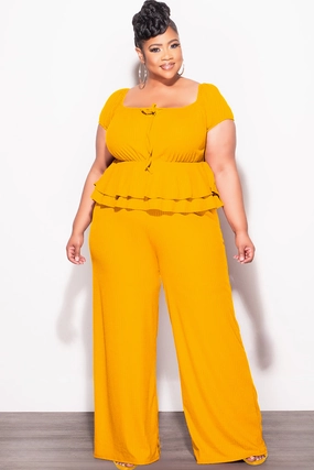 Final Sale Plus Size 2pc Ribbed Peplum Top and Pants Set in Mustard Cozy and Relaxed Chill Ready