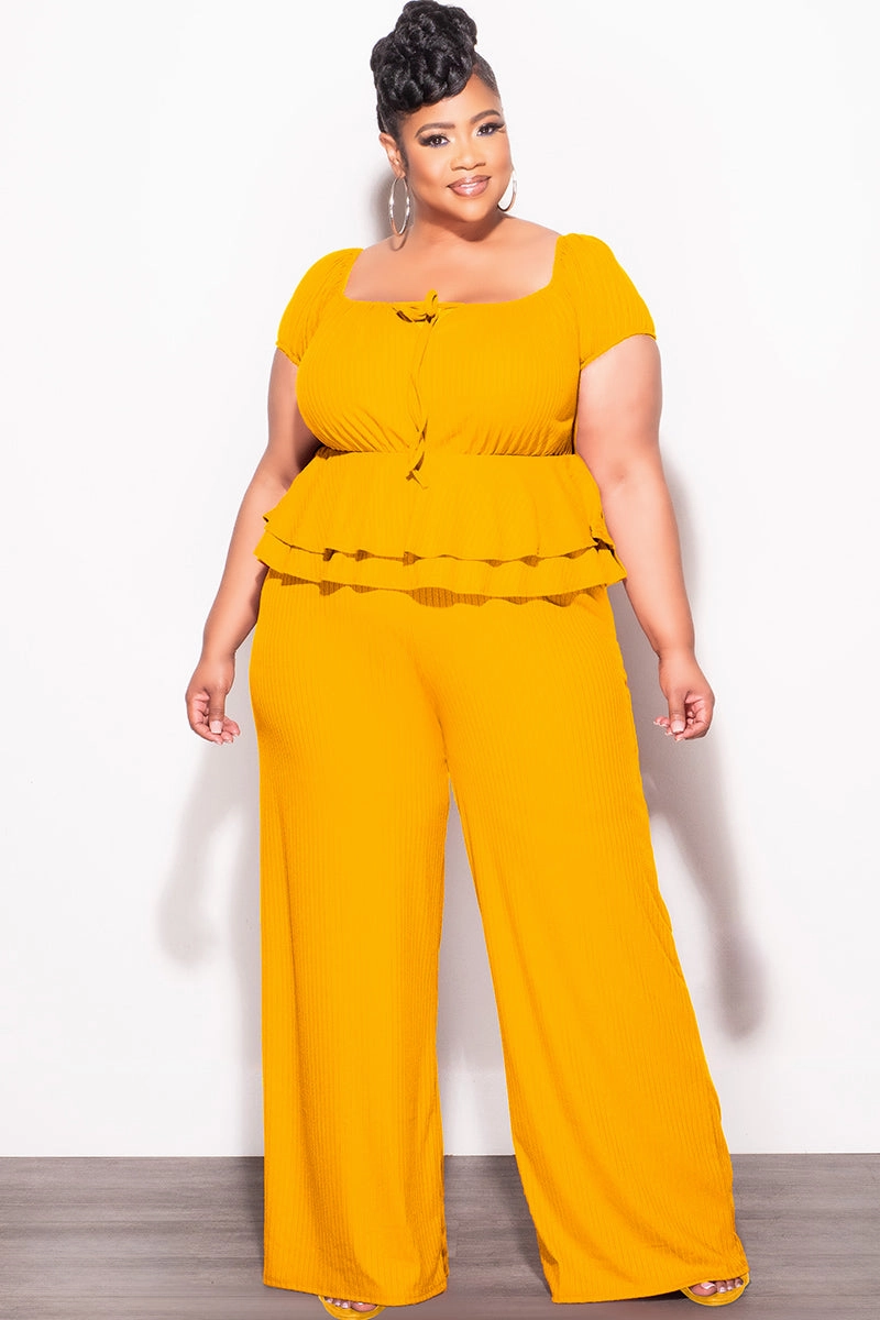 Final Sale Plus Size 2pc Ribbed Peplum Top and Pants Set in Mustard Cozy and Relaxed Chill Ready