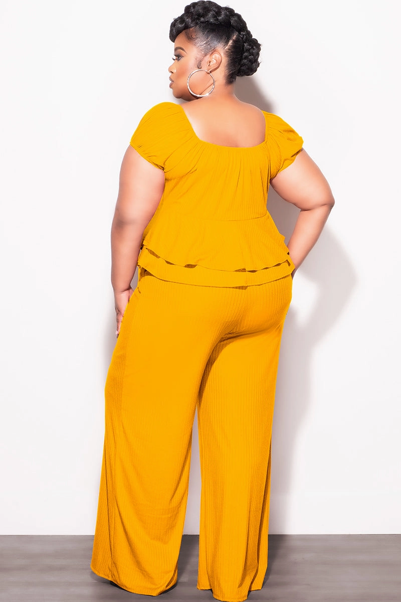 Final Sale Plus Size 2pc Ribbed Peplum Top and Pants Set in Mustard Flattering Fit Wear