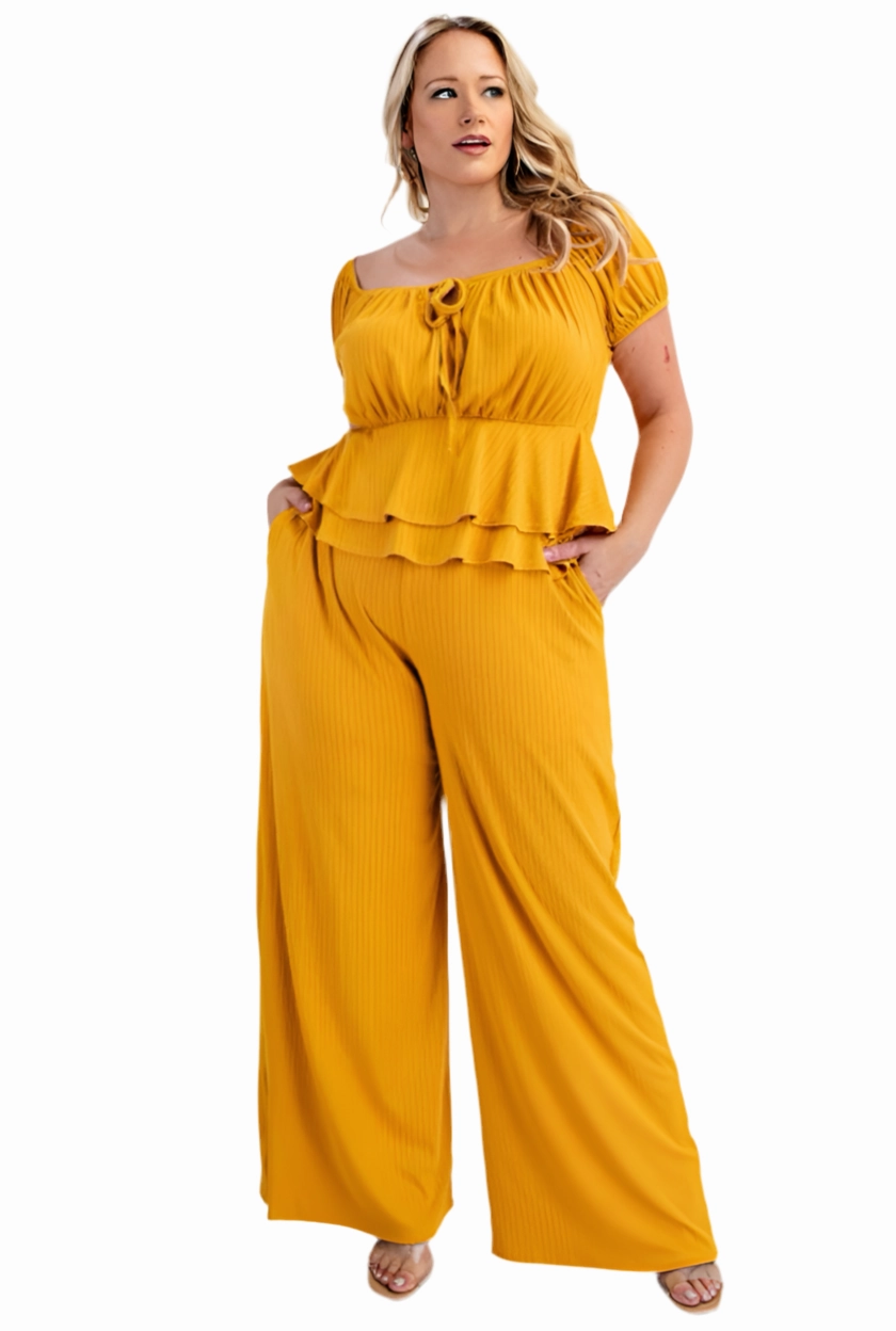 Anti Pilling Finish Mesh Panel Final Sale Plus Size 2pc Ribbed Peplum Top and Pants Set in Mustard