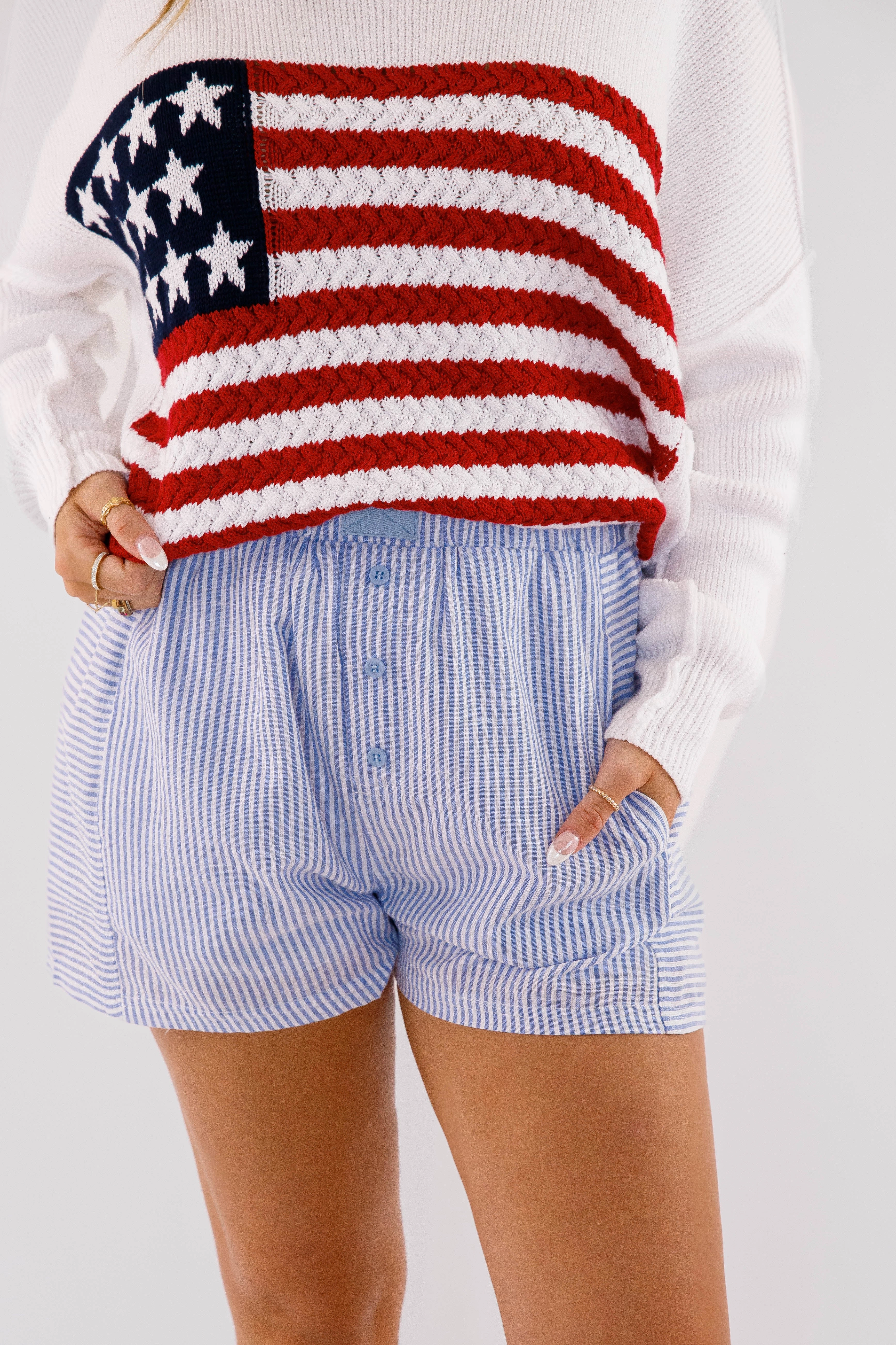 Very Fitting Shorts-Blue Stripe Casual Chic Look Slim Silhouette