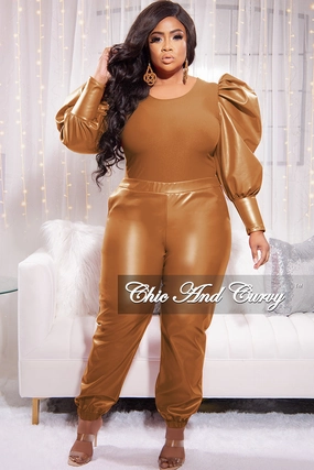 Final Sale Plus Size 2pc Faux Leather Puff Sleeve Top and Pants Set in Cognac Bonded Seam Construction