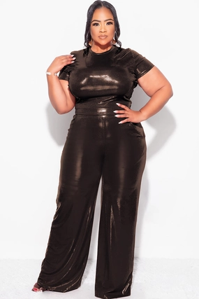 Final Sale Plus Size 2pc Crop Top & Palazzo Pant Set in Bronze DoubleLayered Breathable Knit Fabric