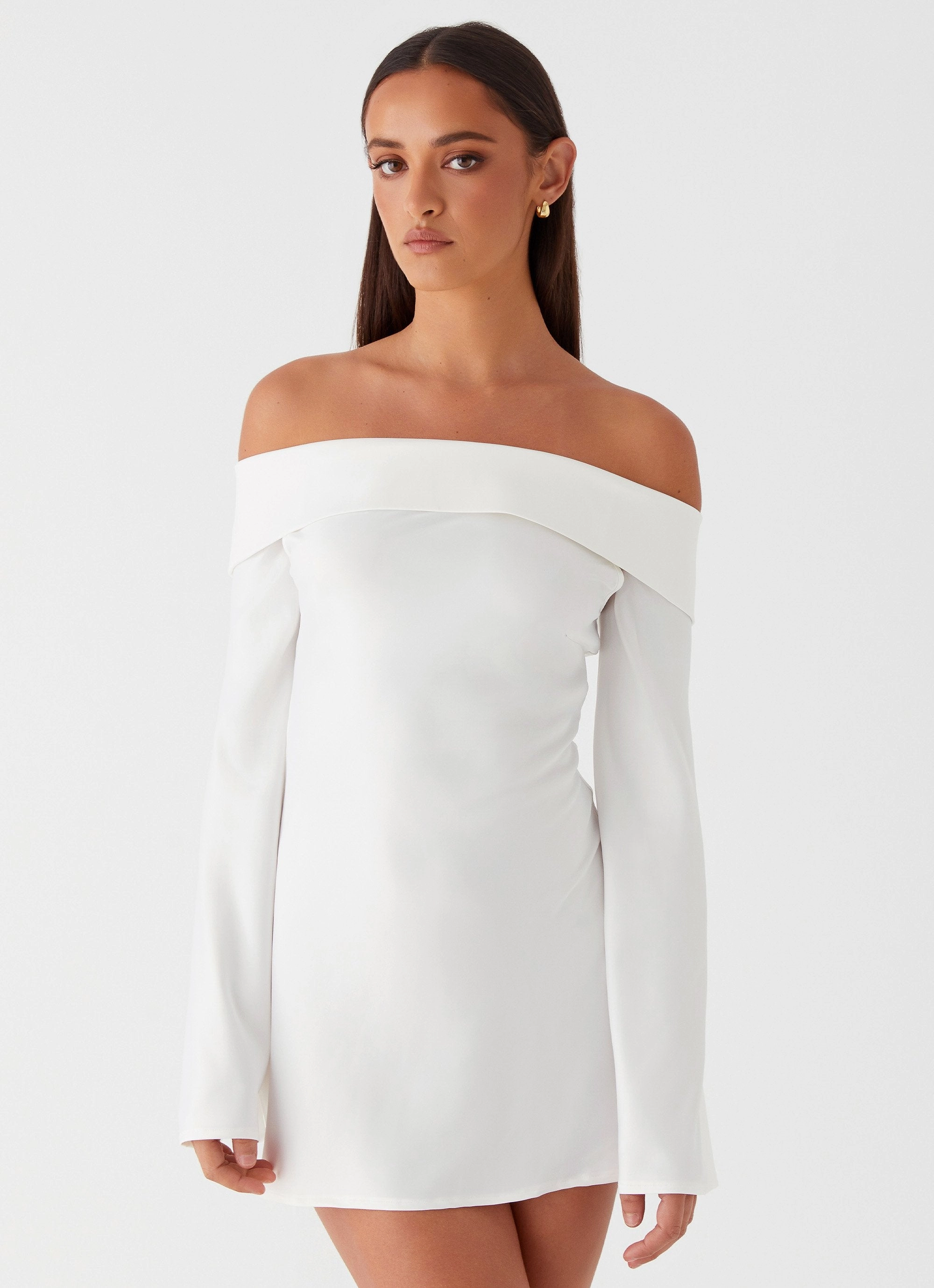 Satin Touch Lumina Long Sleeve Mini Dress - White