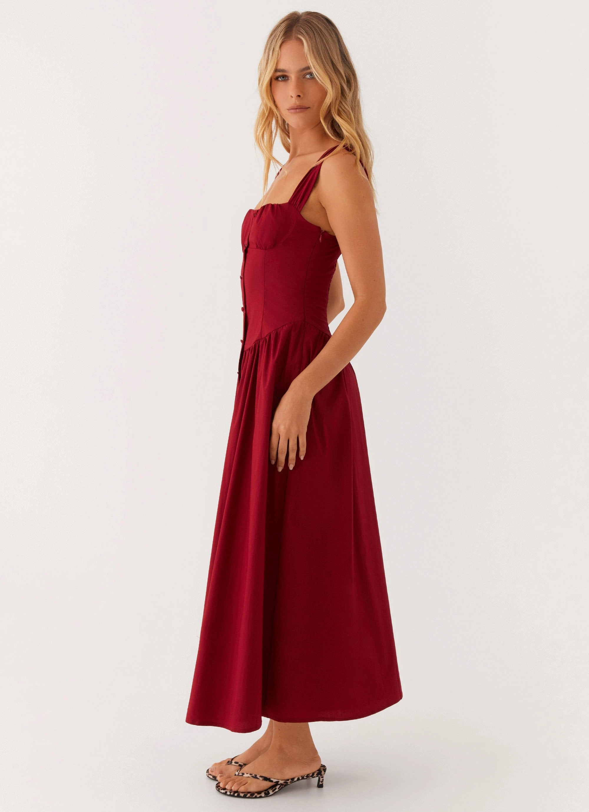 Emmalina Midi Dress - Deep Red Curve Friendly Bold Color
