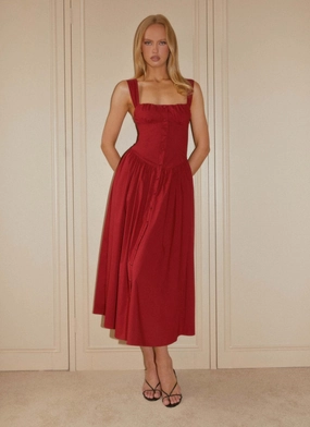 Emmalina Midi Dress - Deep Red Basic Shape Scalloped-Edge